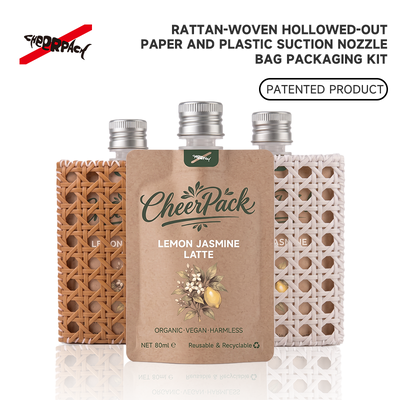 Qualität  Reusable Rattan Woven Spout Pouch with Aluminum Cap | CheerPack Patented 100ml rattan-woven hollow-out spout pouch with reusable Sleeve and aluminum screw cap. Eco cosmetic packaging, OEM/ODM welcome. Fabrik
