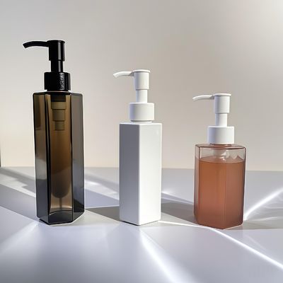 Sechseckige, gerade PET-Kunststoffflasche mit Presspumpverschluss für kosmetische Lotion oder Shampoo in 120 ml, 150 ml und 200 ml Fassungsvermögen